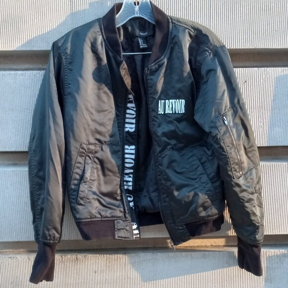 Forever 21 "Au Revoir" Black (greenish) Bomber Jacket (S) - Picture 3 of 16
